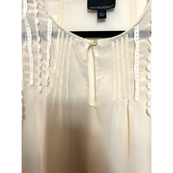 Cynthia Rowley Sheer Lace Trim Blouse Cream Long Sleeve Lightweight Womens Large - Picture 6 of 11